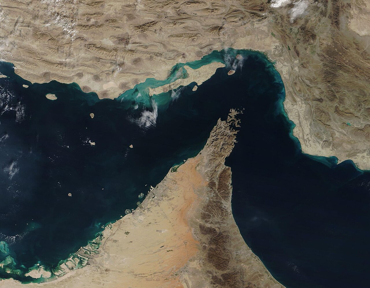 Satellite view of the Strait of Hormuz, with Iran's coast to the north and the Musandam Peninsula to the south