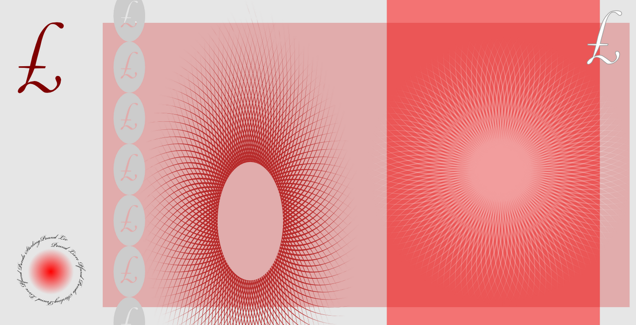 A generic, unlabelled sterling banknote design in red tones with a pound sign in two corners and a swirling guilloche pattern.
