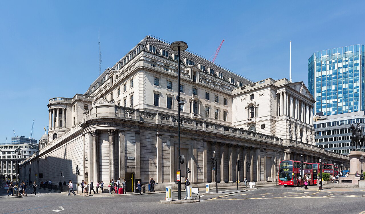 The Bank of England building on Threadneedle Street in the City of London, photographed from the street
