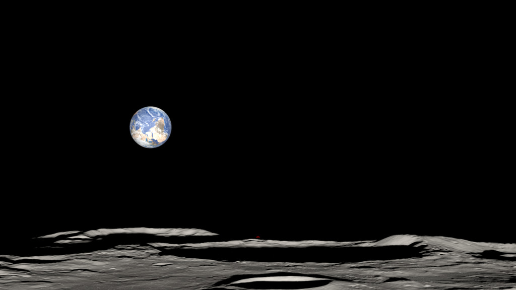 A NASA visualisation of Earth in black sky above the cratered horizon of the Moon’s south pole