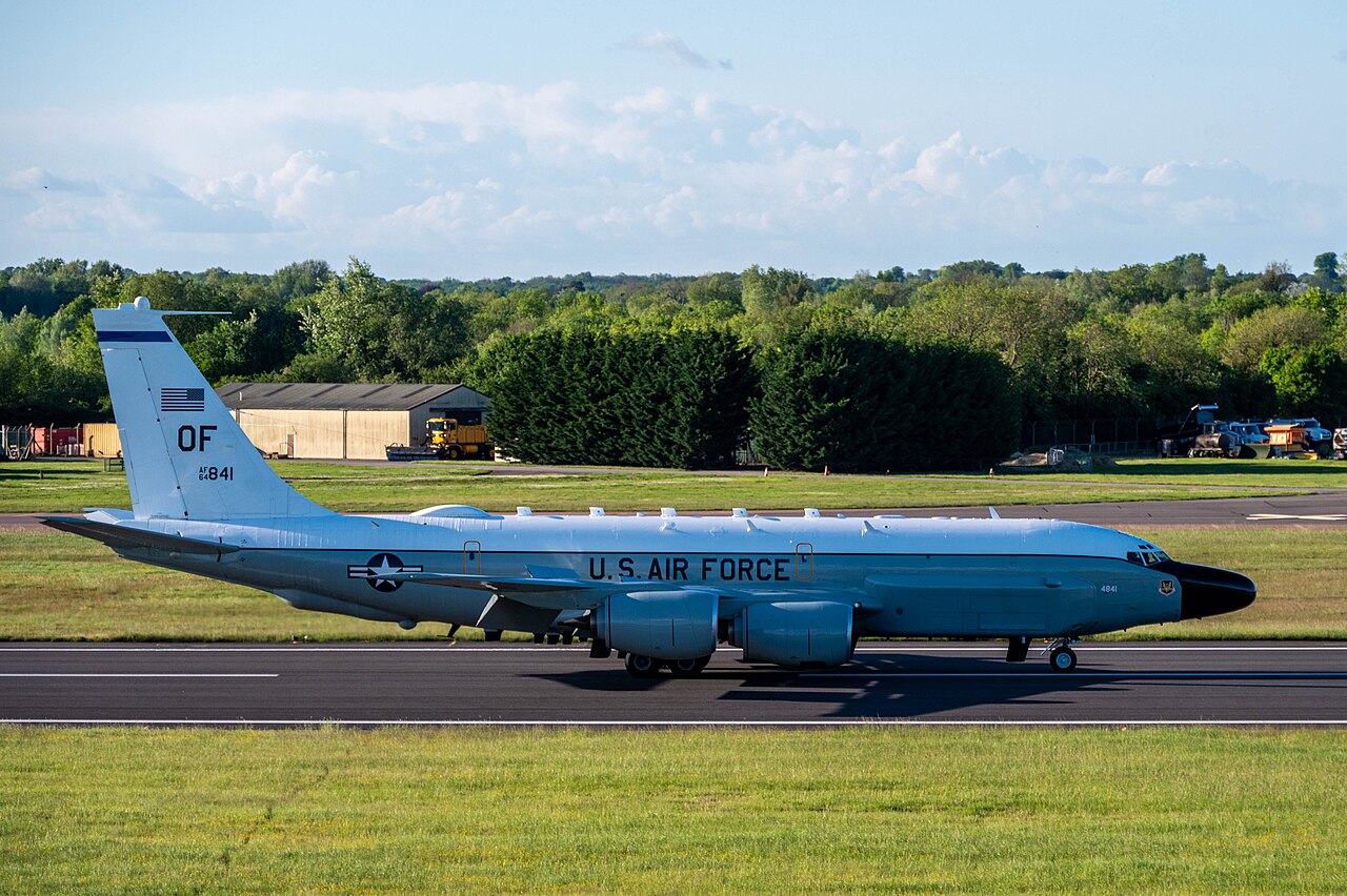 A US Air Force RC-135 Rivet Joint reconnaissance aircraft taxiing along the runway at RAF Fairford