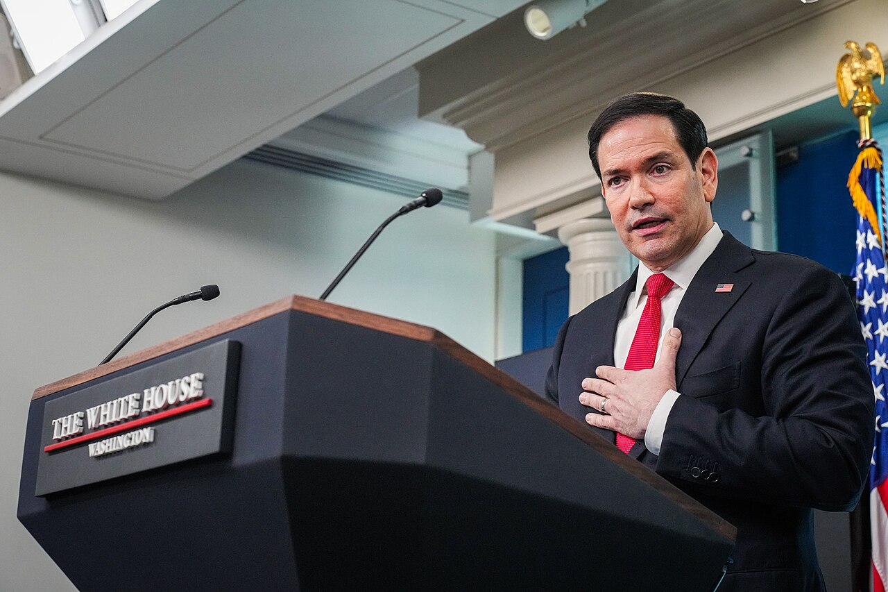 US Secretary of State Marco Rubio speaks from a White House podium