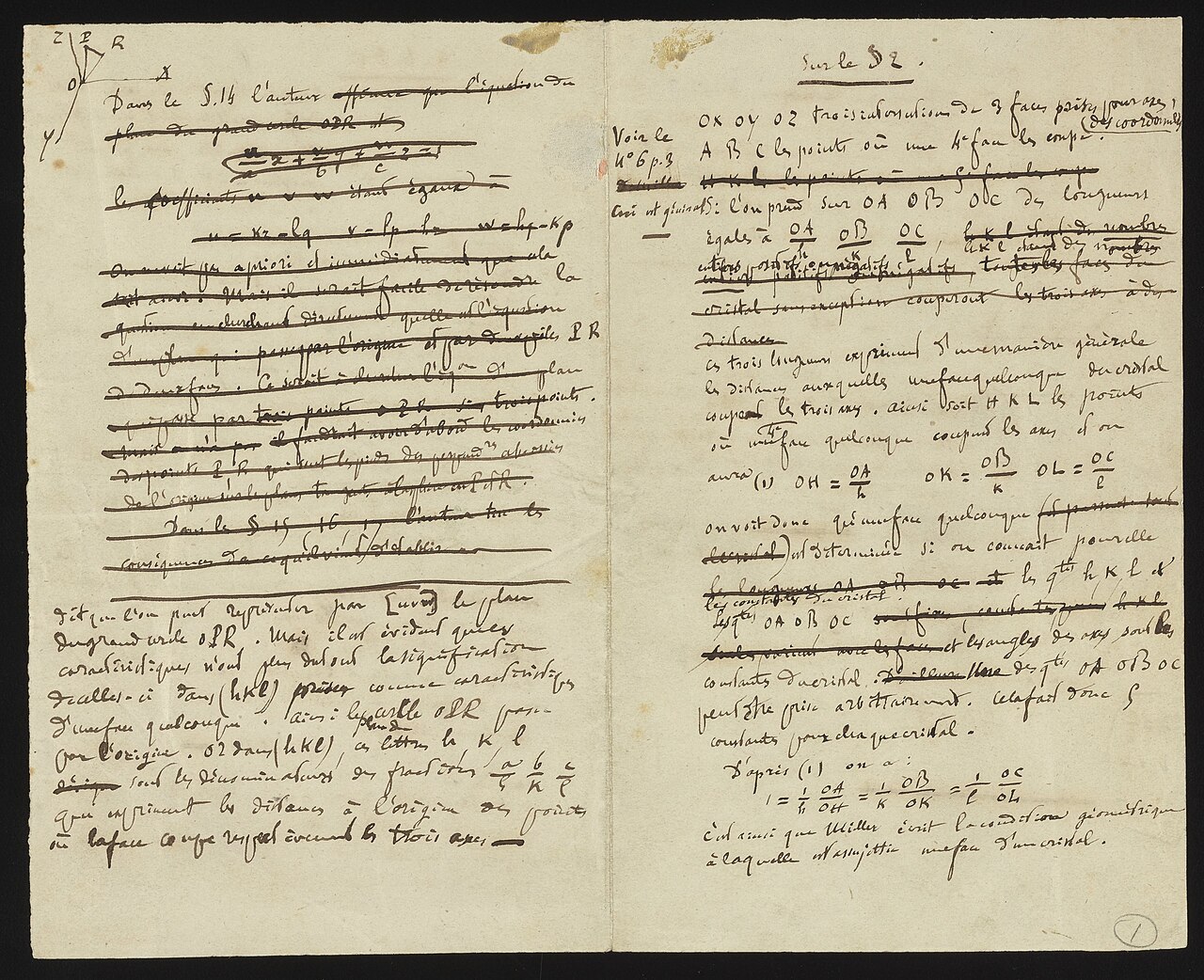 Pages of handwritten lecture notes by Louis Pasteur on crystal structure and tartaric acid, the substance whose mirror-image crystals he studied in the 19th century