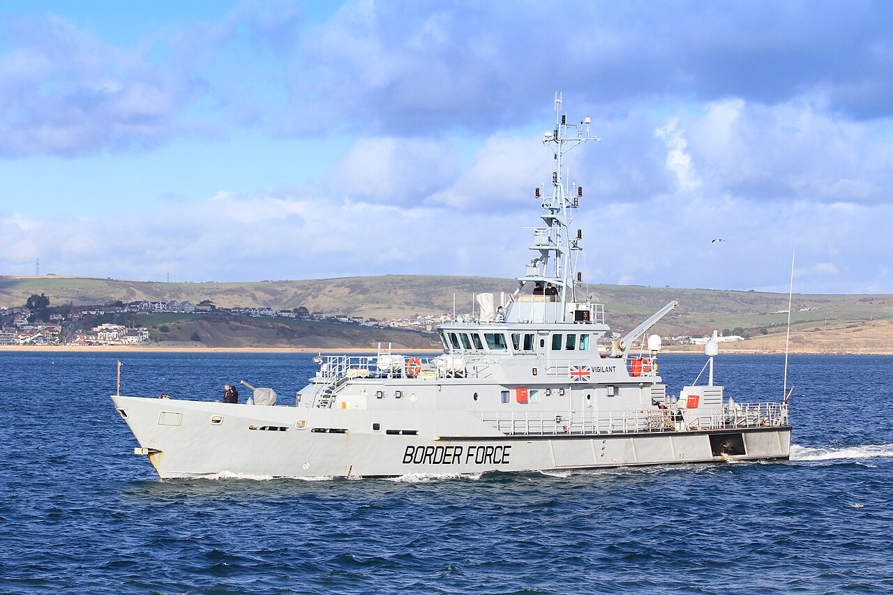 The Border Force cutter HMC Vigilant under way off the English south coast