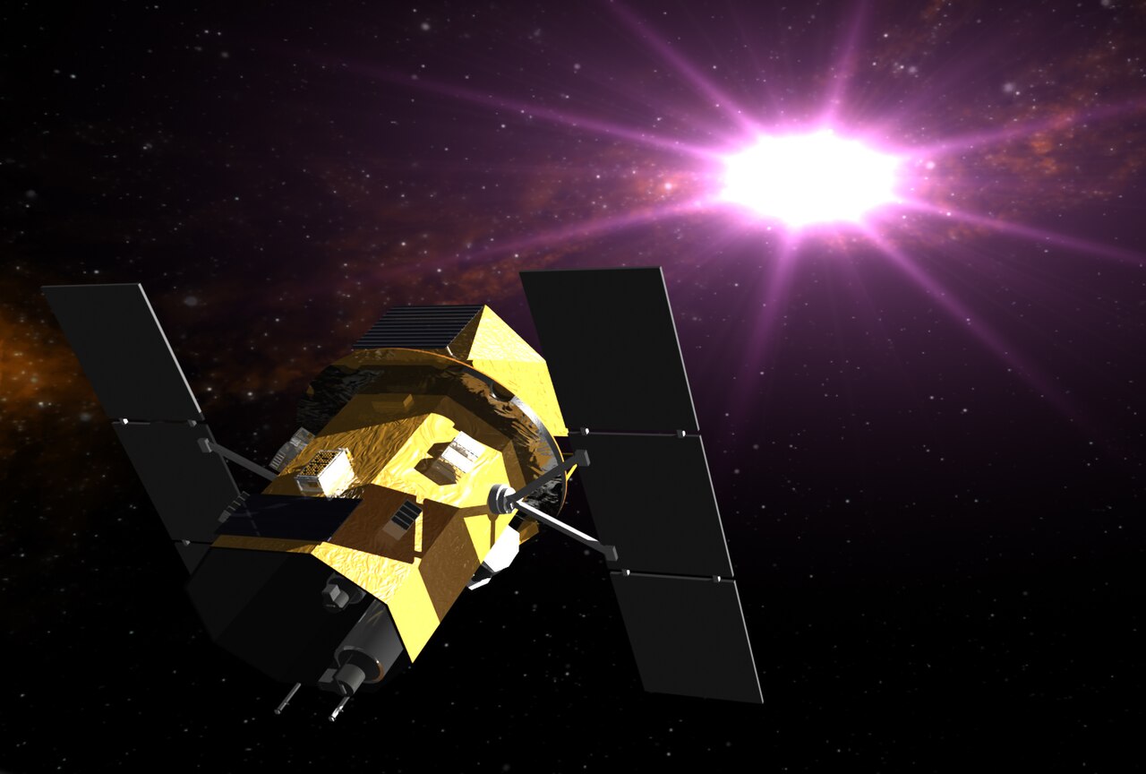 Artist’s concept of the Swift spacecraft in space, with a bright burst of light behind it
