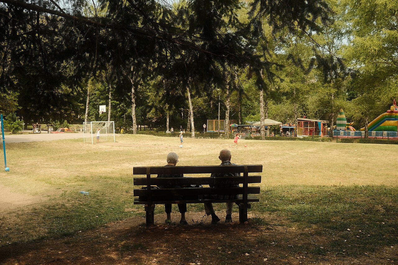 Two older people sit side by side on a park bench, seen from behind, while children play on the grass beyond