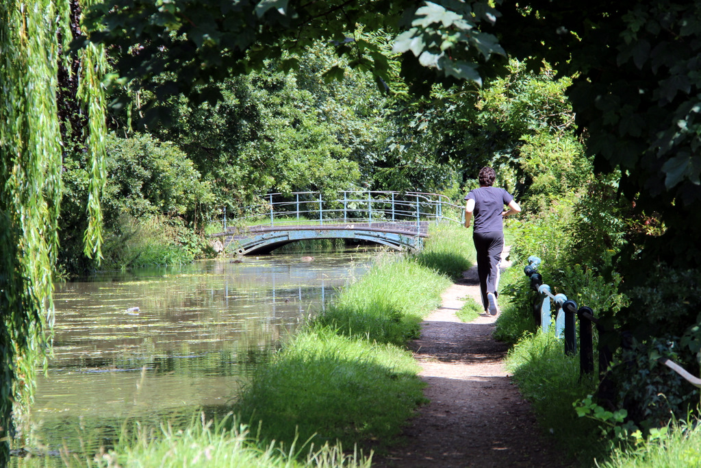 A person jogging along a tree-lined path beside the New River in Broxbourne, Hertfordshire