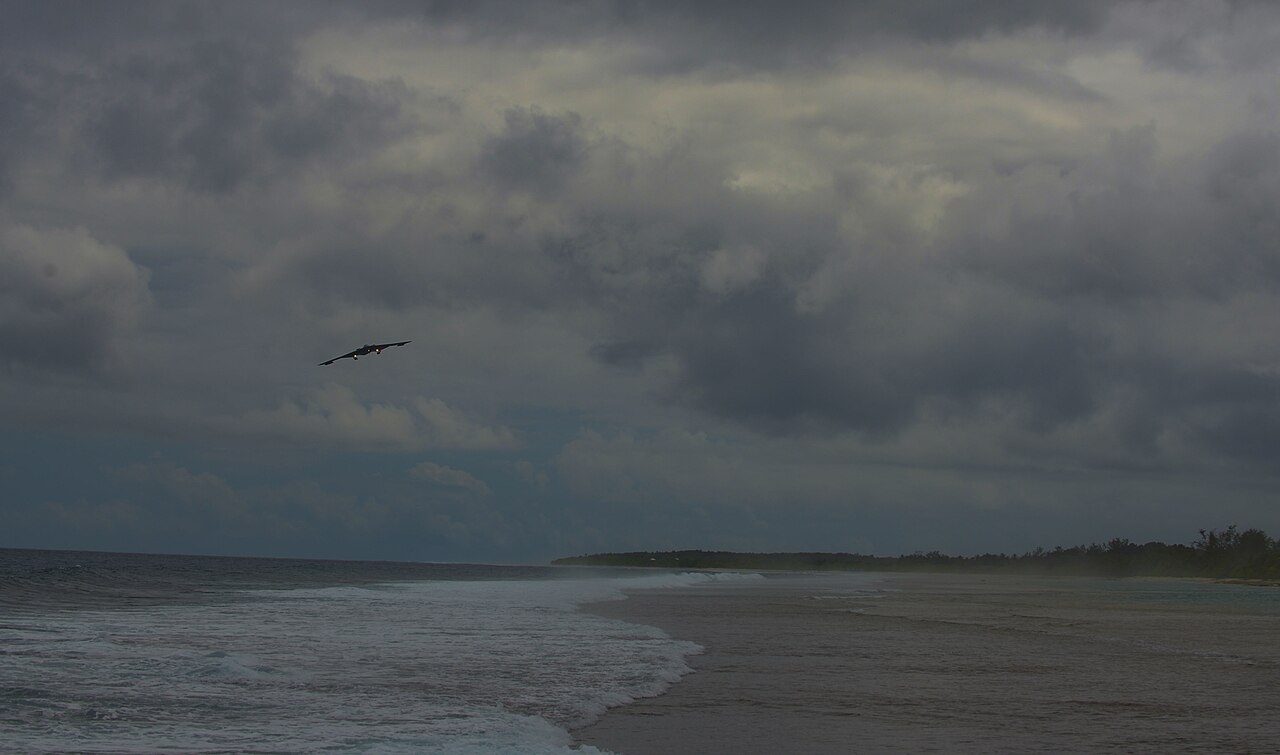 A B-2 Spirit stealth bomber flies low over the coastline of Diego Garcia, where the UK and US operate a joint military base, in August 2020