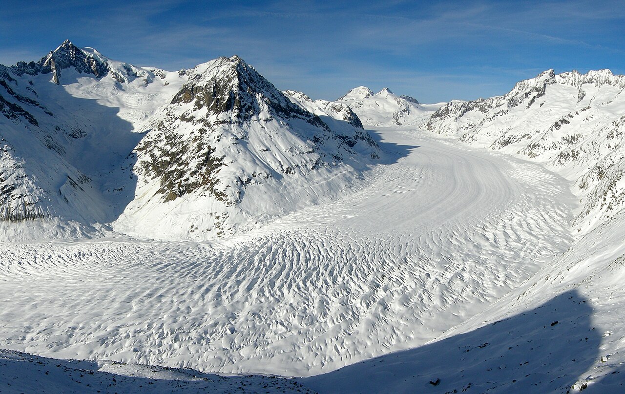 The Aletsch Glacier, the largest glacier in the Alps, seen from the Eggishorn in Valais, Switzerland