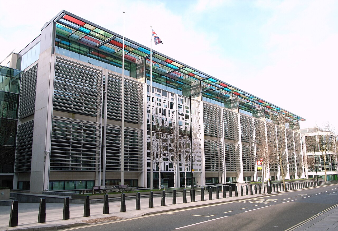The Home Office headquarters in Marsham Street, London, its glass facade topped by a band of coloured panels.