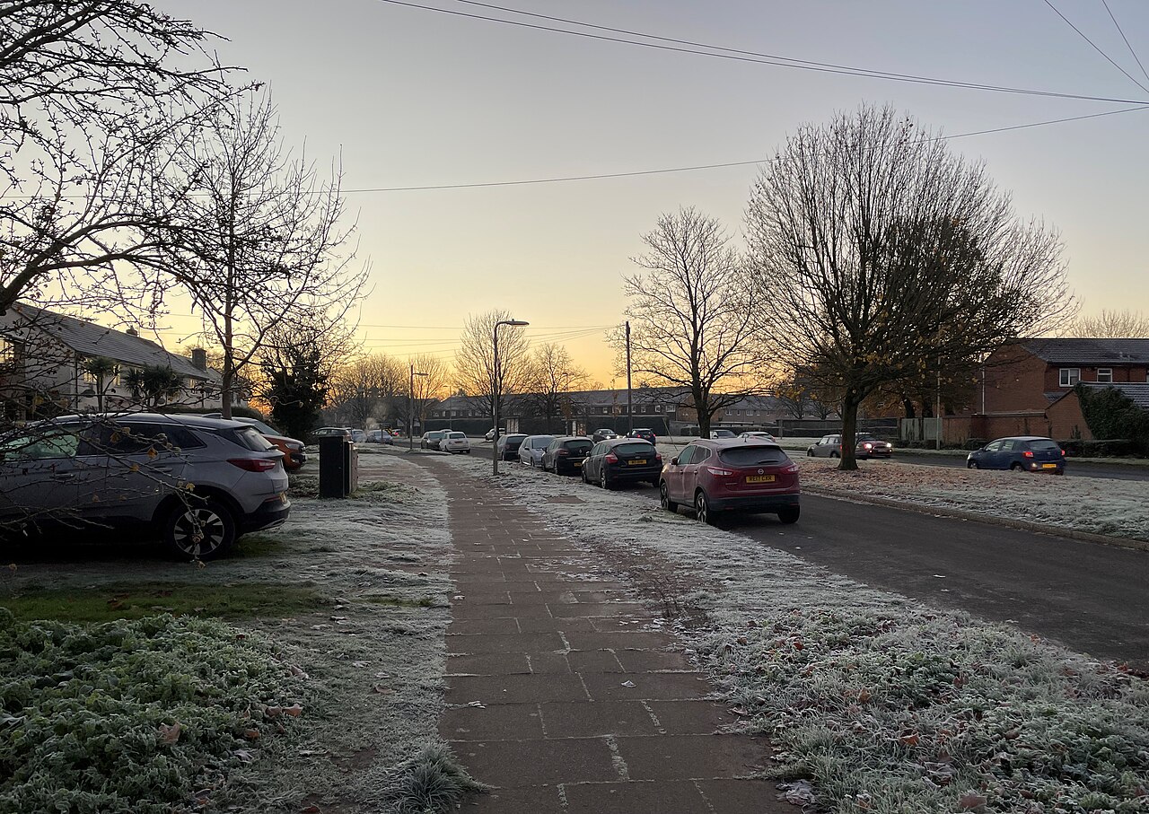 A frost-covered pavement and verge on a residential street at sunrise, with parked cars and bare trees