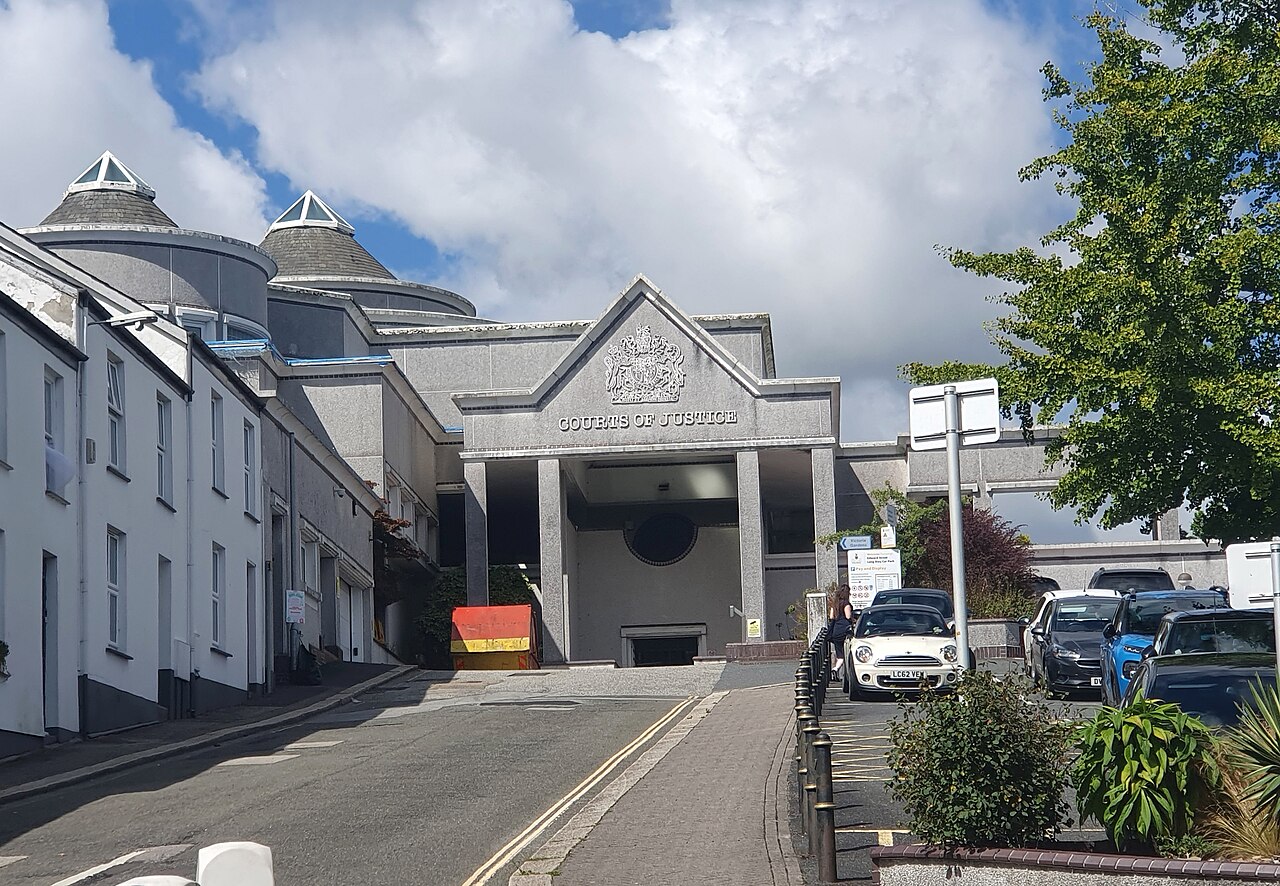 Entrance of the Courts of Justice building in Truro, Cornwall, which houses Truro Crown Court, shown as an example of a Crown Court building