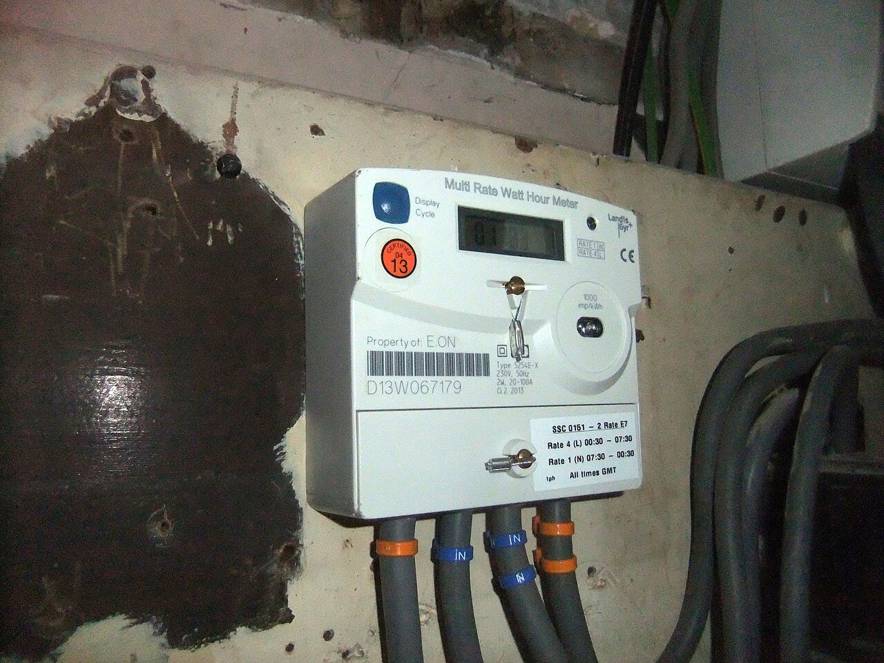 An electricity meter fixed to a wall at a house in Coventry, England