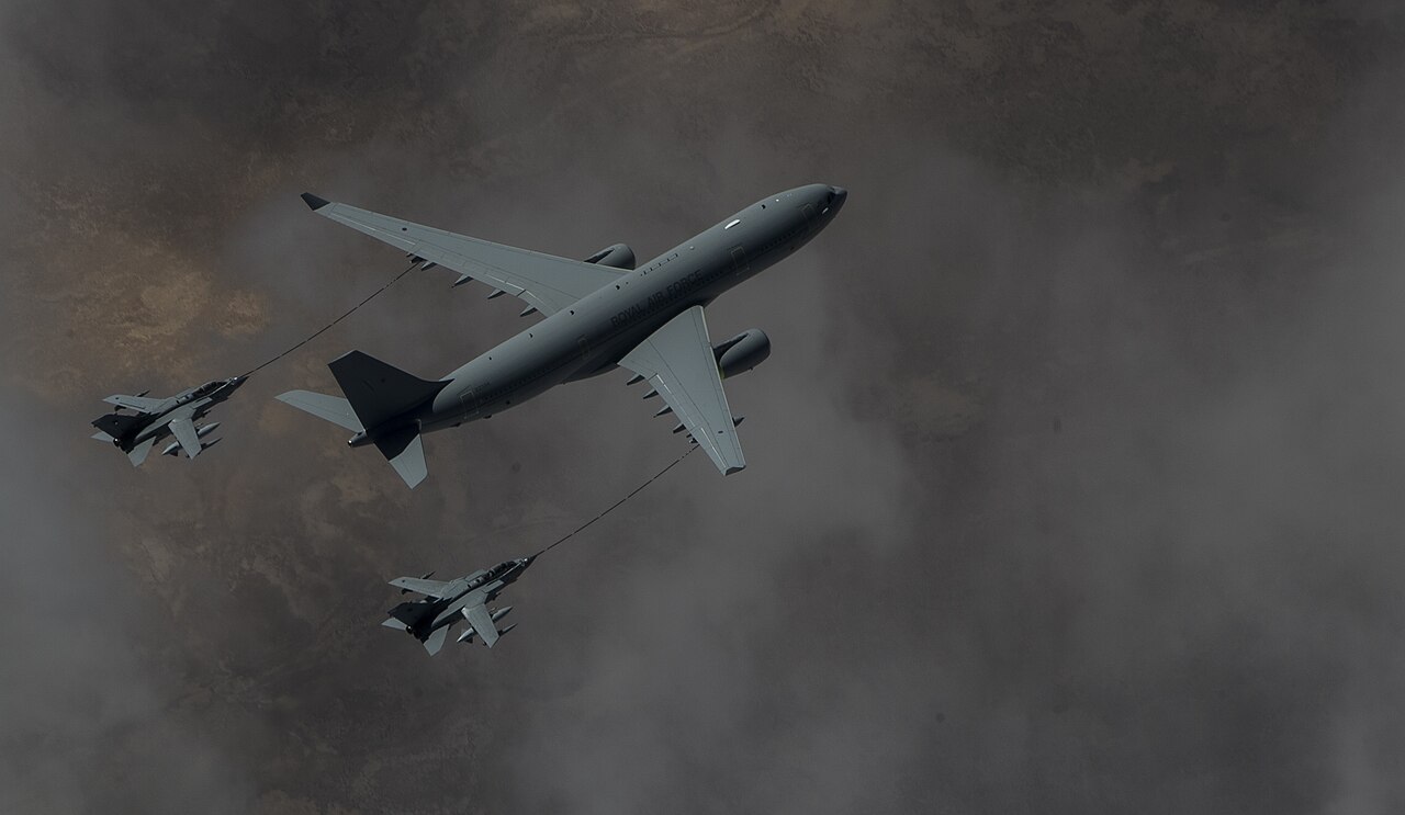 A Royal Air Force Voyager tanker aircraft, the same type being sent to refuel Saudi jets, refuels two RAF Tornado jets during a previous operation over Iraq in 2015