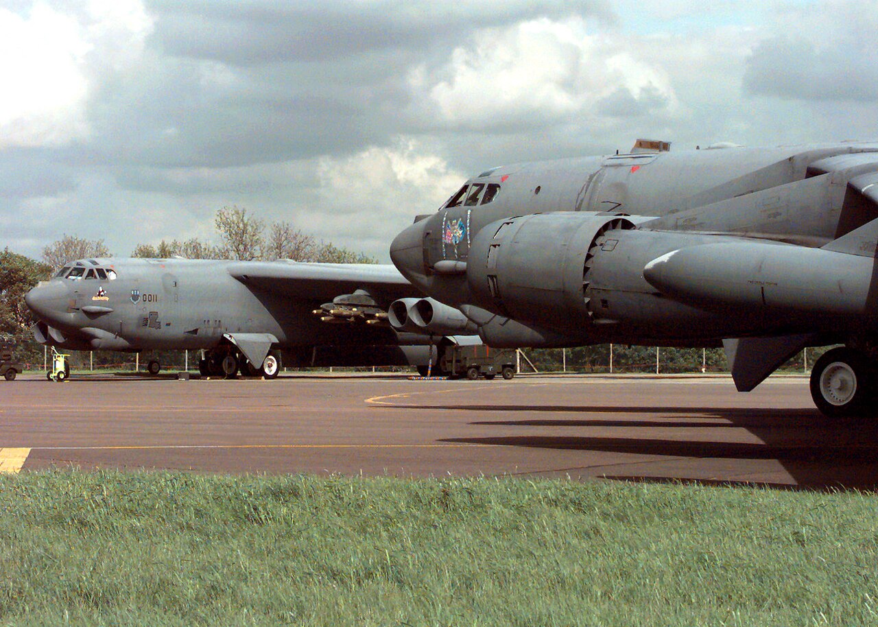 A B-52 bomber taxis on the flight line at RAF Fairford in Gloucestershire