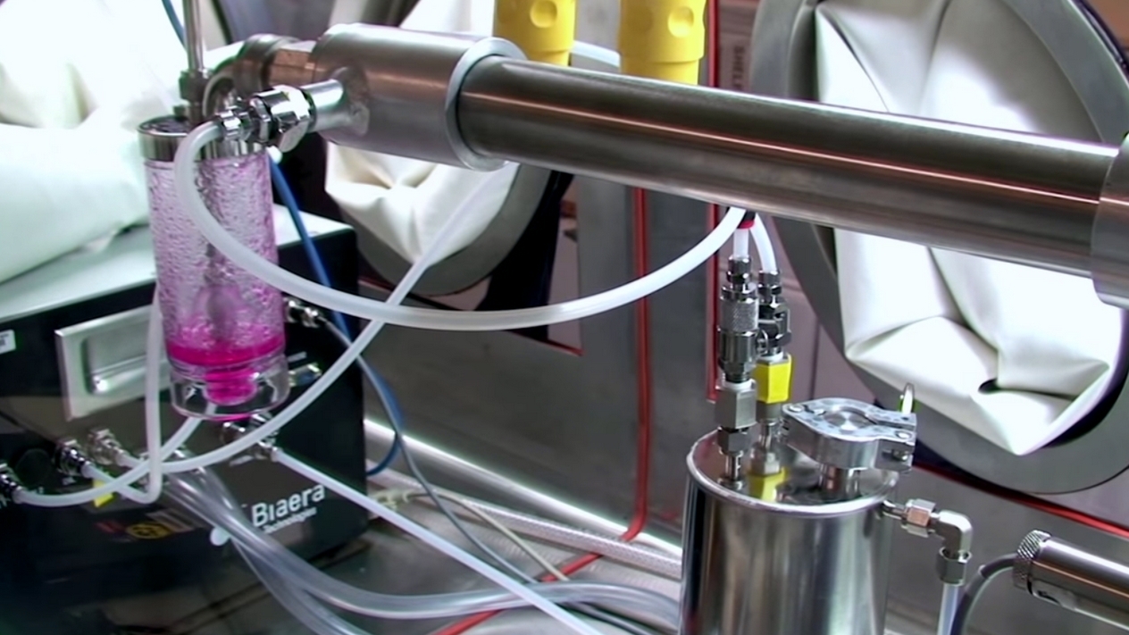 A biosafety cabinet at a research facility, the kind of controlled setting real bioweapons work would require