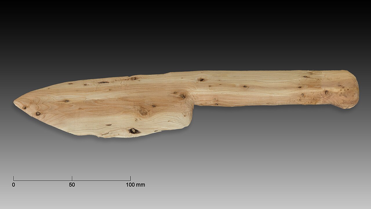 Replica of a wooden tool from Abric Romaní, reconstructed from its imprint in travertine rock