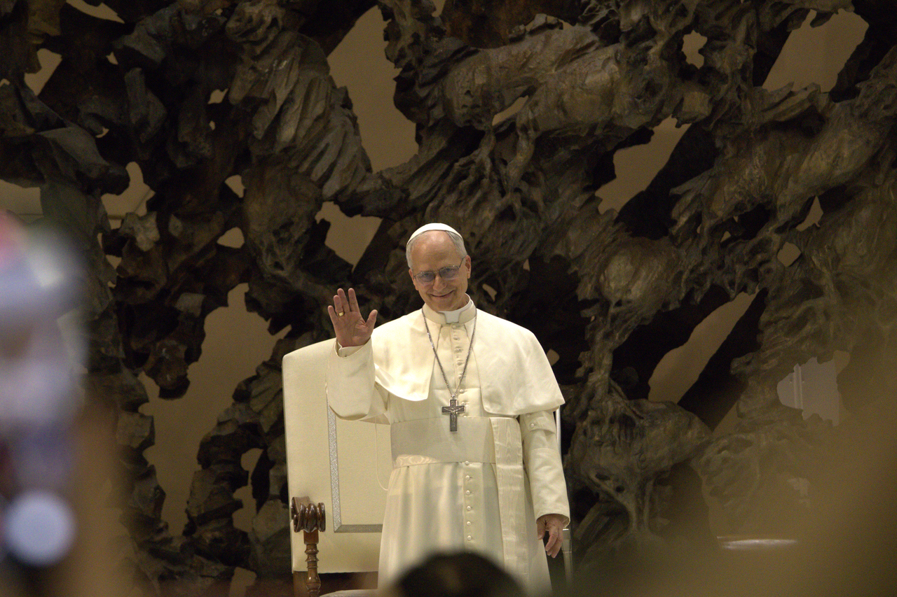 Pope Leo XIV smiles and waves during an audience in the Vatican’s Paul VI Hall in May 2025