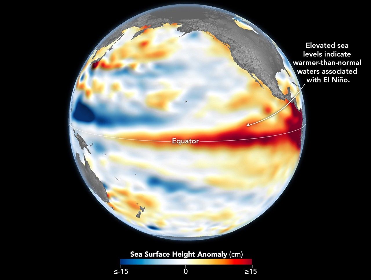 A satellite visualisation of the Pacific Ocean showing higher-than-normal sea surface levels along the equator, which the image labels as warmer-than-normal waters associated with El Niño.