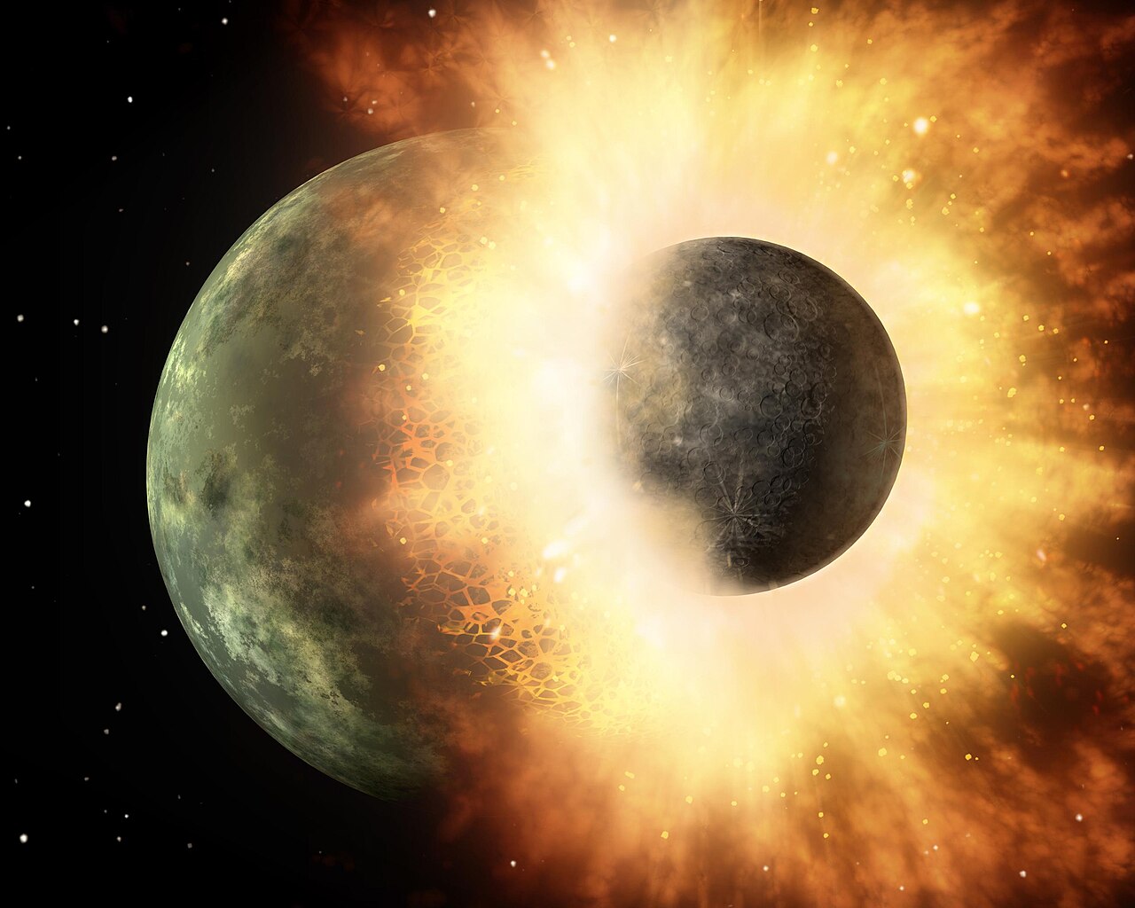 Artist's concept of two rocky bodies colliding in a burst of glowing debris around a different young star, HD 172555