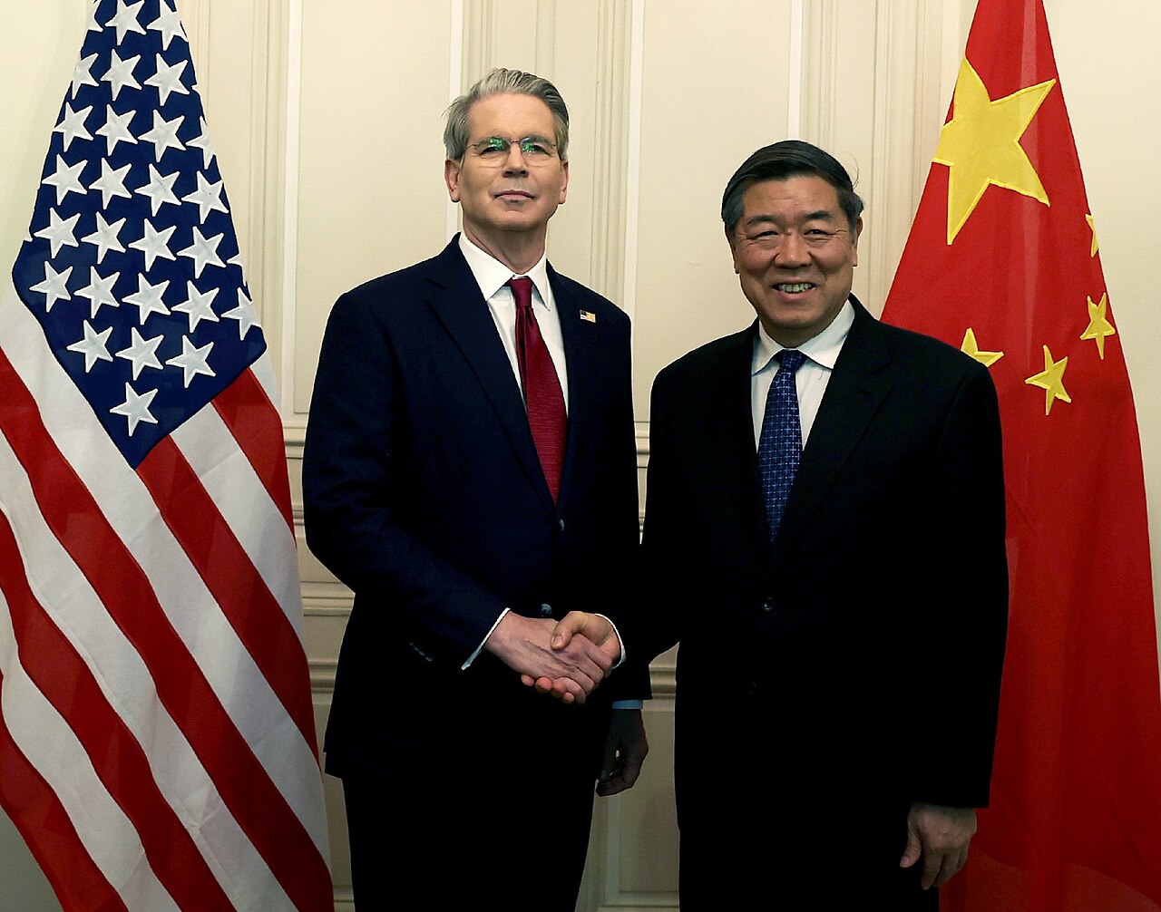 US Treasury Secretary Scott Bessent and Chinese Vice Premier He Lifeng shake hands at earlier talks in Geneva in 2025