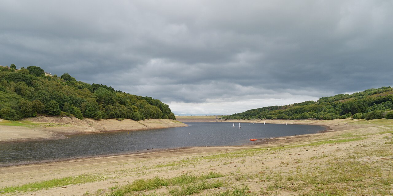 Exposed banks around Scammonden Water reservoir in West Yorkshire during the drought of August 2022