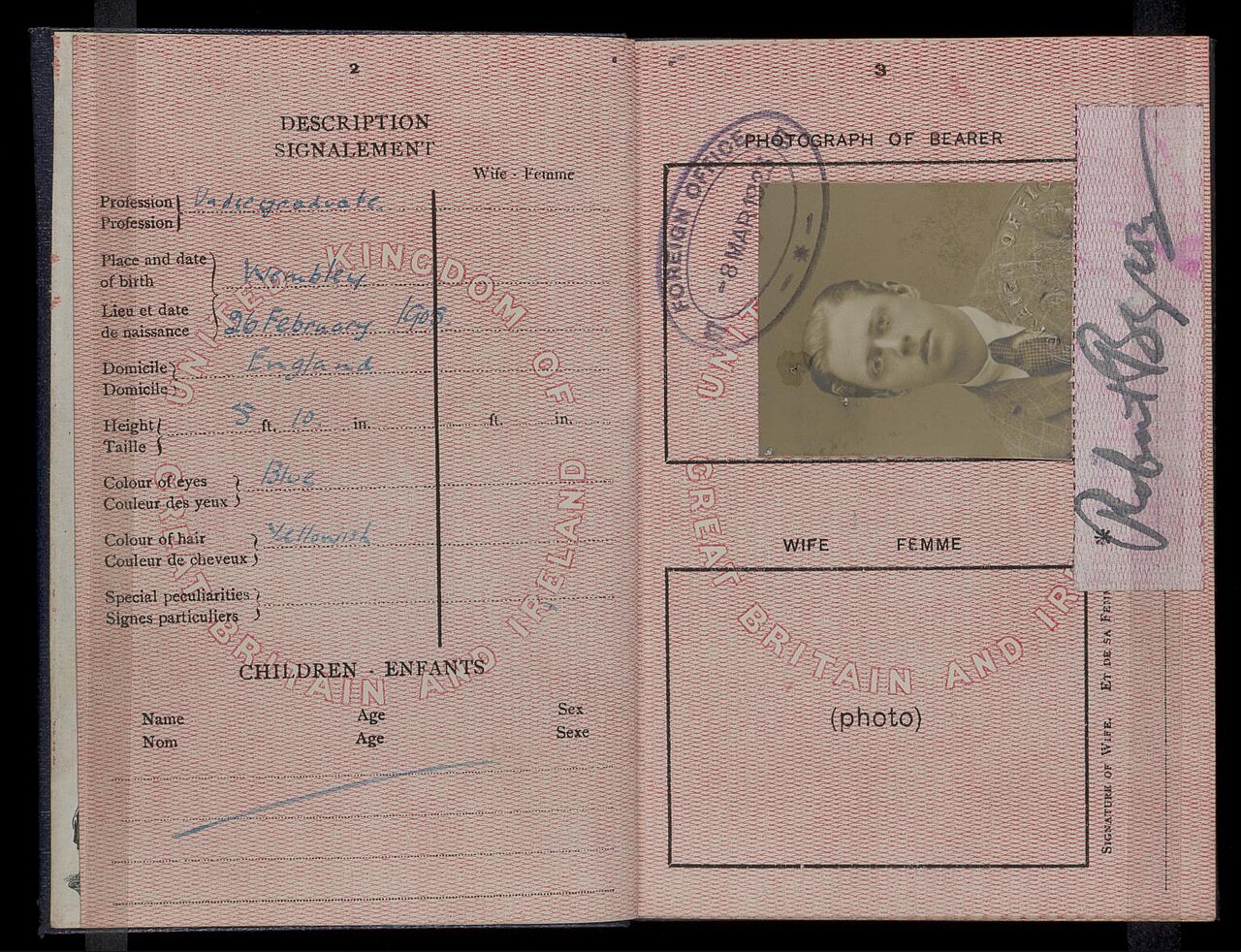 Robert Byron’s United Kingdom passport from 1923, open at the description and photograph pages