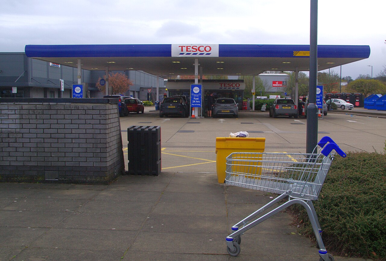 Cars at the pumps of a petrol station forecourt in Harlow, Essex