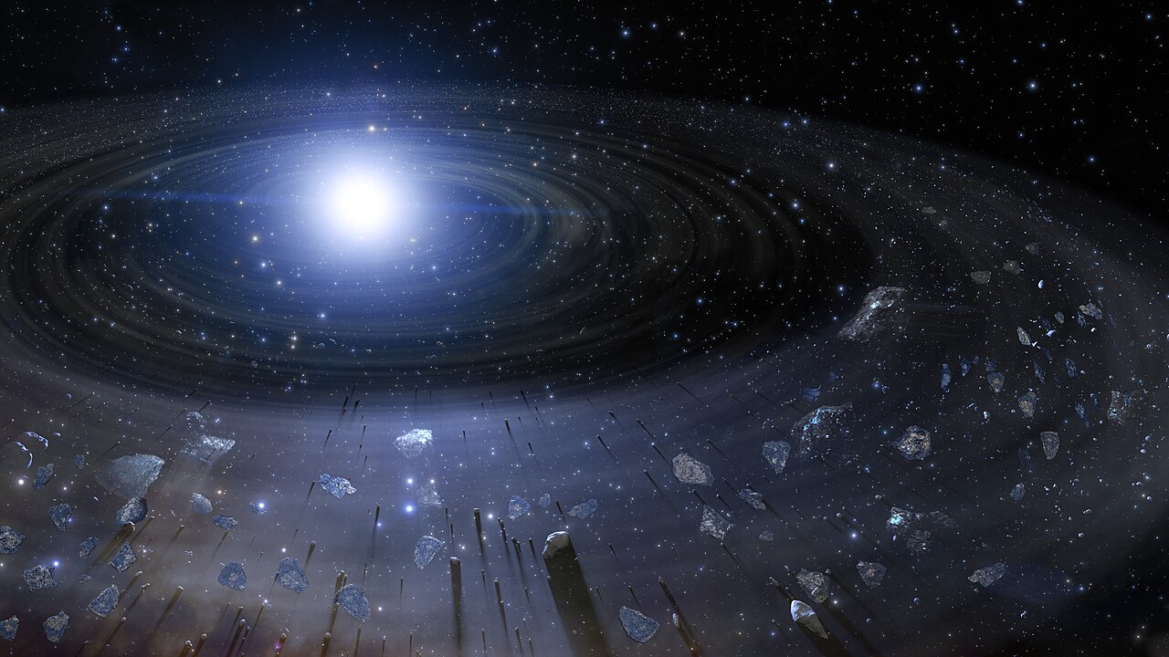 Illustration of rocky debris spiralling towards a bright white dwarf star in space
