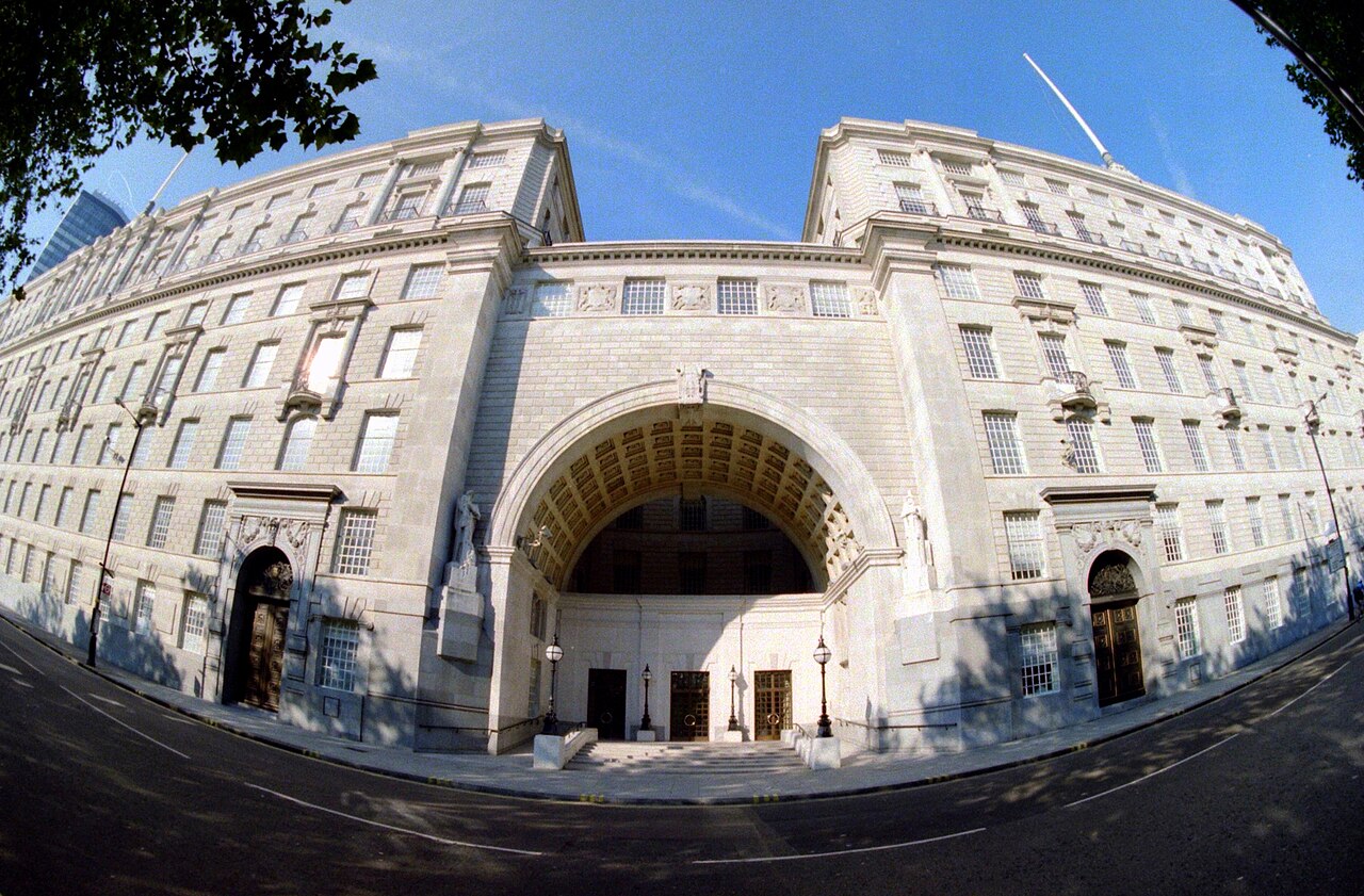 Thames House, the London headquarters of MI5, seen from the street through a wide-angle lens